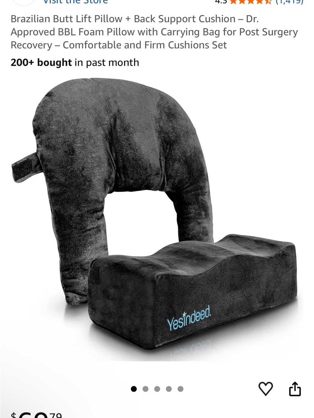 YesIndeed Black Foam Butt Lift Pillow & Back Support Cushion Set